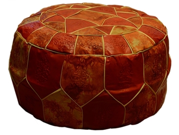 Egyptian Morrocan Handmade Genuine Leather Ottoman Pouf Xl  (Red patched & Orange)