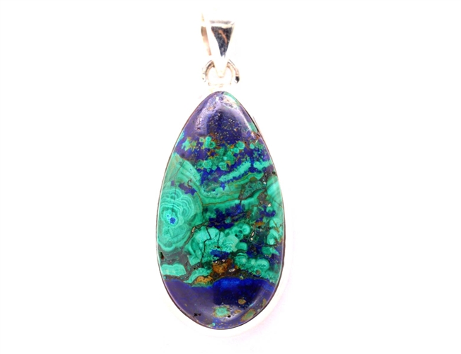 azurite cabochon with malachite swirls teardrop sterling silver pendant 1-3/4"