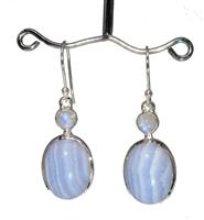 blue lace agate oval cabochons with rainbow moonstone tops in sterling silver earrings 1-1/2"