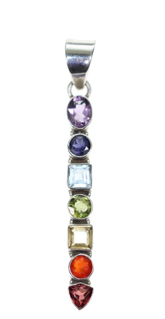 faceted gemstone chakra pendant stacked shapes of oval cushion round triangle stones in sterling silver 2-1/4"