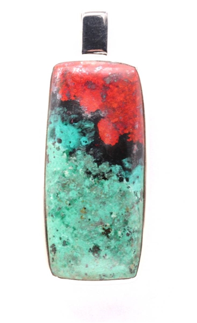 cuprite cabochon oblong shaped pendant red black and green colors in .925 sterling silver 1-3/4"