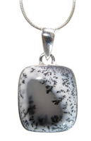 dendritic opal pendant aka merlinite cabochons in milky white with black splashes form a scenic image 1-1/2" in .925 sterling silver.