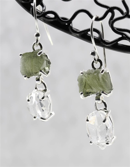 Moldavite Earrings with Herkimer Diamond