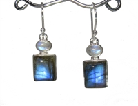 labradorite square cabochons with oval rainbow moonstone tops drop earrings sterling silver 1-1/4"