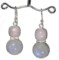 rose quartz soft squared cabochon with round rainbow moonstone earrings in sterling silver