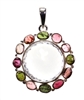 faceted clear quarz round with mixed color tourmaline pebbles surrounding 1-1/2" large piece in .925 sterling silver.