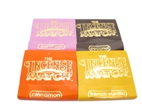 Incense Match matchbook incense 4-pack in the scents of Cinnamon, Coconut, French Vanilla, Patchouli each matchstick is a little stick of incense