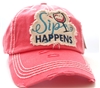 ponytail cap says sip happens with wine glass in front distressed style coral color