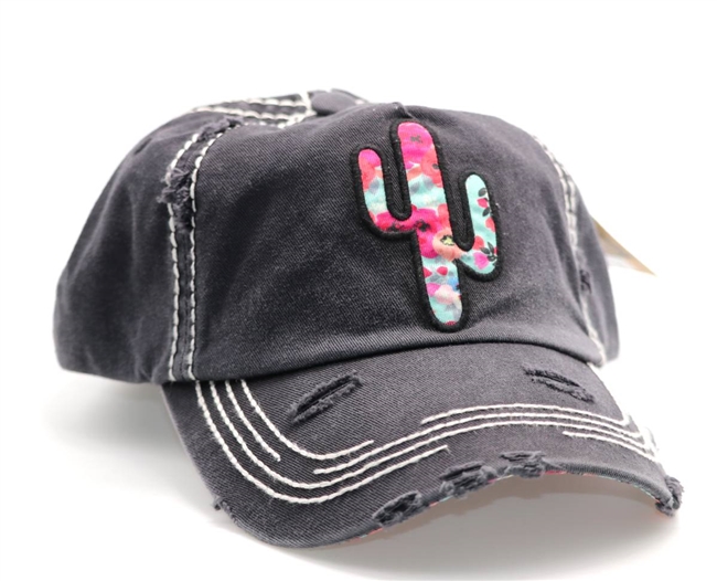 ponytail cap with saguaro cactus on  front floral pattern beneath brim really cute grey black color distressed style