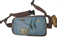 canvas hip pouch, blue, fanny pack, 4 zippered pockets, will hold small cell phone.  Heavy weight canvas.