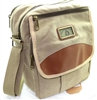 khaki canvas padded shoulder bag, will hold Ipad type device.  Long shoulder strap, pockets and zippers