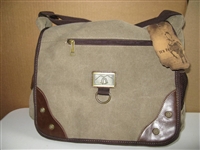 large canvas shoulder bag light brown with leather-look trim.  Messenger bag style with bottle holder on side.  High quality, large bag lots of pockets