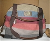 Canvas tote bag. Use handle or removable shoulder strap.  Colorful striped canvas khaki plus smokey blue, red and orange. 12" x 16"