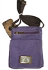 canvas grab & go bag, purple with brown shoulder strap. 2 zippered pouches and a snap flap.  passport bag style