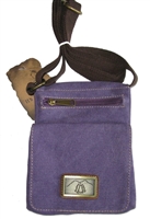 canvas grab & go bag, purple with brown shoulder strap. 2 zippered pouches and a snap flap.  passport bag style