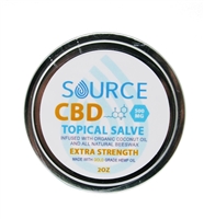 Source 500 mg CBD salve, organically grown, hemp-derived, industrial grade and full spectrum.  Source CBD salve is infused in organic coconut oil and beeswax.