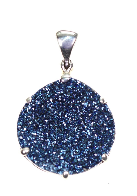 Druzy quartz round flat pendant.  Titanium plating yields flashy deep blues in sterling silver setting, 1-1/2".