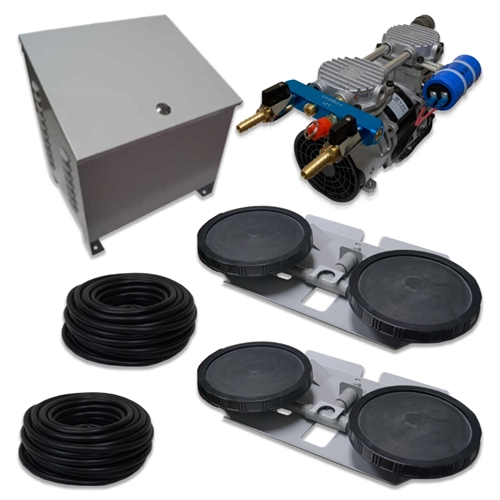 Air Pro System with 3.9 CFM Rocking Piston Compressor with Ground Cabinet, Cooling Fan, 200' of 3/8" Weighted Tubing (2) Double-10" EPDM Diffusers - APRPS2-CAB