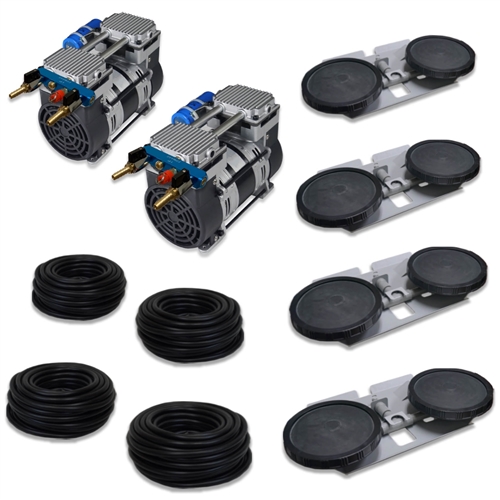 Pro Aeration, Deep Water System for Ponds and Lakes - (2) 1HP, 6.7 CFM Rocking Piston Compressor, 400' of 3/8" Weighted Tubing, (4) Double-10" EPDM Self-Sinking Diffuser Disc Assemblies - APXLRPS4