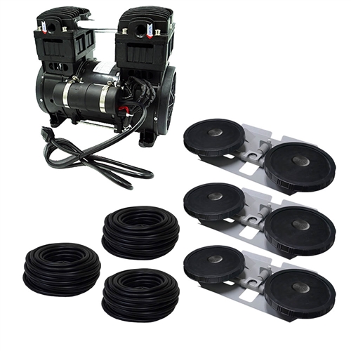 Extra Large Pro Deep Water Subsurface Aeration System with 1.5 HP Rocking Piston Compressor producing 7.1 CFM, 300' of 5/8" Weighted Black Vinyl Tubing & (3) Double-10" EPDM Self-Sinking Diffuser Disc Assemblies - APXLSORPS3