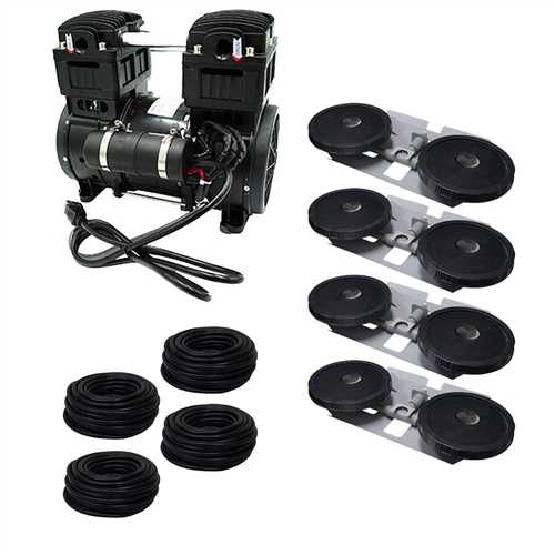 Extra Large Pro Deep Water Subsurface Aeration System with 1.5 HP Rocking Piston Compressor producing 7.1 CFM, 400' of 5/8" Weighted Black Vinyl Tubing & (4) Double-10" EPDM Self-Sinking Diffuser Disc Assemblies - APXLSORPS4