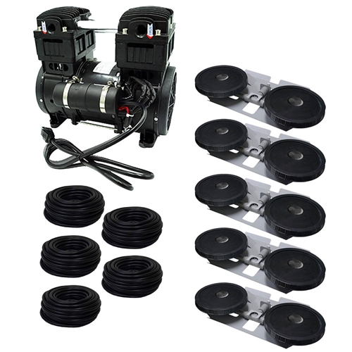 Extra Large Pro Deep Water Subsurface Aeration System with 1.5 HP Rocking Piston Compressor producing 7.1 CFM, 500' of 5/8" Weighted Black Vinyl Tubing & (5) Double-10" EPDM Self-Sinking Diffuser Disc Assemblies - APXLSORPS5