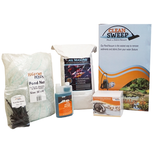 Mega Fall and Winterization Bundle with Vacuum, Pond Net, Deicer, Cold Weather Fish Food and Cold Water Bacteria - FWVACKITMEGA