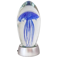 JF-L6-BL-RGB - Large 6" Blue Glass Jellyfish Paperweight with RGB Color Changing LED Light Stand Base