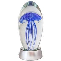 JF-L6-BL-WHT - Large 6" Blue Glass Jellyfish Paperweight with White LED Light Stand Base