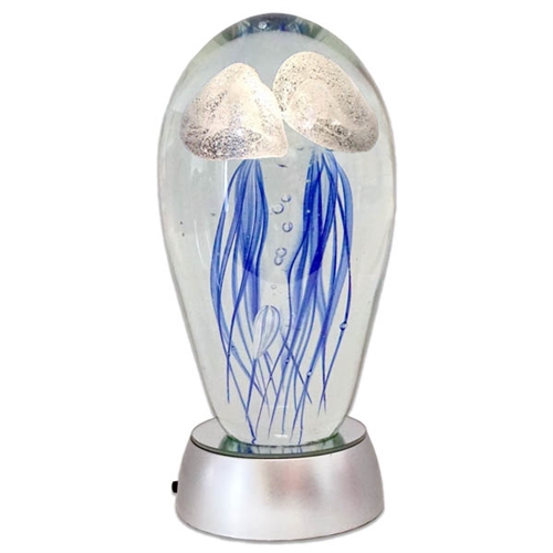 JF-L6-BW2-WHT - Large 6" Glass Jellyfish Paperweight with White LED Light Stand Base