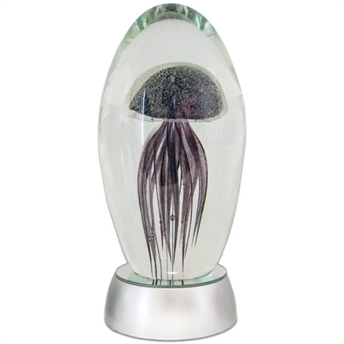 JF-L6-DP-WHT - Large 6" Deep Purple Glass Jellyfish Paperweight with White LED Light Stand Base
