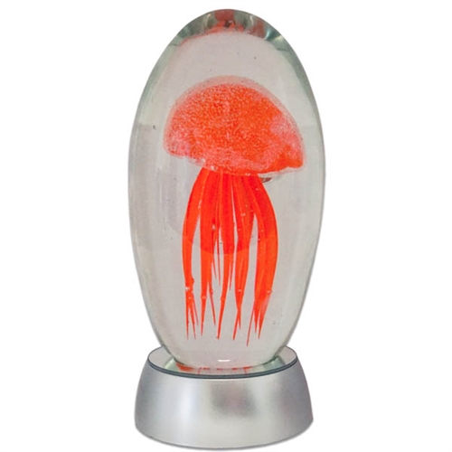 JF-L6-OR-RGB - Large 6" Orange Glass Jellyfish Paperweight with RGB Color Changing LED Light Stand Base