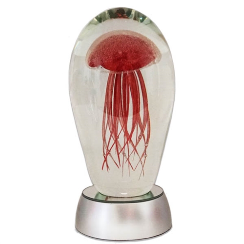 JF-L6-RD-RGB - Large 6" Red Glass Jellyfish Paperweight with RGB Color Changing LED Light Stand Base