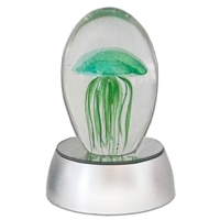 JF-S3-GR-RGB - Large 6" Green Glass Jellyfish Paperweight with RGB Color Changing LED Light Stand Base