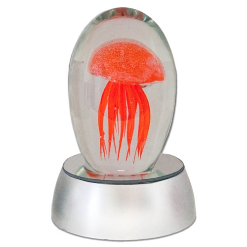 JF-S3-OR-RGB - Small 3" Orange Glass Jellyfish Paperweight with RGB Color Changing LED Light Stand Base