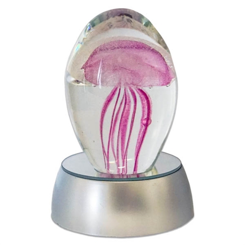 JF-S3-PK-WHT - Small 3" Glass Jellyfish Paperweight with White LED Light Stand Base