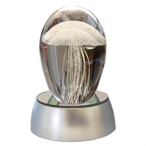 JF-S3-WH-WHT - Small 3" White Glass Jellyfish Paperweight with White LED Light Stand Base