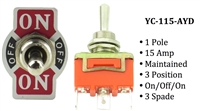 Toggle Switch - YC-115-AYD - Spade - 1-Pole - Maintained - 3 Position (On/Off/On) - 15A