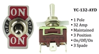 Toggle Switch - YC-132-AYD - Spade - 1-Pole - Maintained - 3 Position (On/Off/On) - 32A