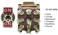 Toggle Switch - YC-315-AYW - Screw - 3-Pole - Maintained - 3 Position (On/Off/On) - 15A
