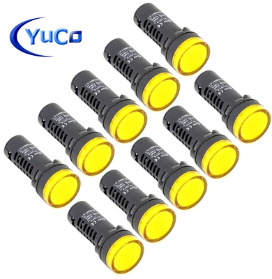 BOX OF 10 YuCo YC-22Y-2 EUROPEAN STANDARD TUV CE LISTED 22MM LED PANEL MOUNT INDICATOR LAMP YELLOW 120V AC/DC