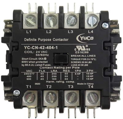 YuCo YC-CN-42-404-1-AUX44 Replacement fits Siemens Furnas 42CF25AJ Definite Purpose Contactor 40A 4P 24V Coil