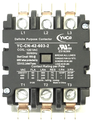 YuCo YC-CN-42-603-2 Replacement fits Siemens Furnas 42EF35AF Definite Purpose Contactor 60A 3P 120V Coil