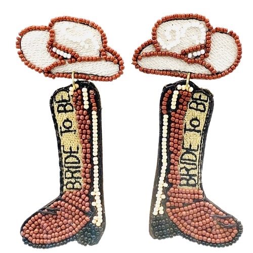 Seed Bead Bride To Be Cowboy Boot Earrings