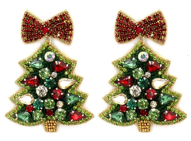 Seed Bead Christmas Earrings W/Pave Bow