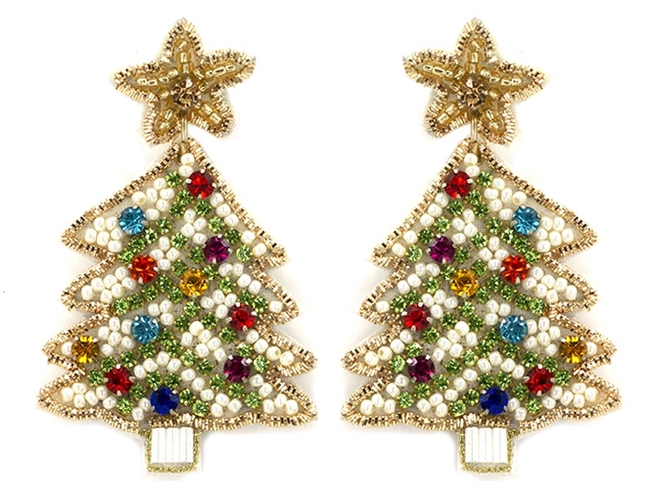 Seed Bead Christmas Earrings W/Pave Bow