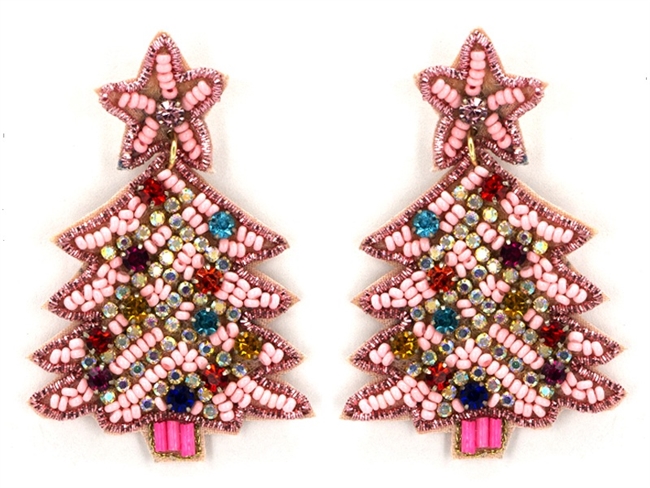 Seed Bead Christmas Earrings W/Pave Bow