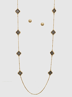 Quatrefoil Clover Two Tones Metal Station Long Necklaces Set
