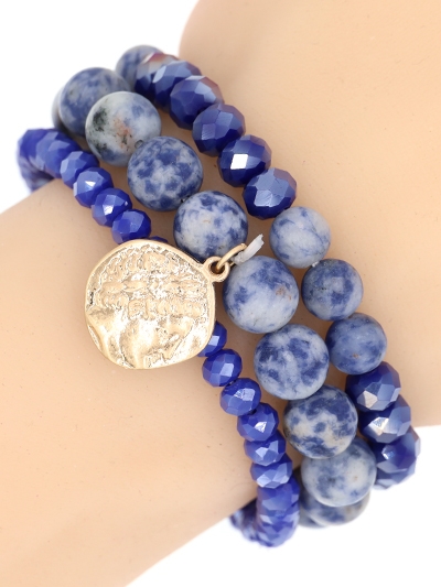 3 Piece Stone Stretch Bracelet W/ Coin