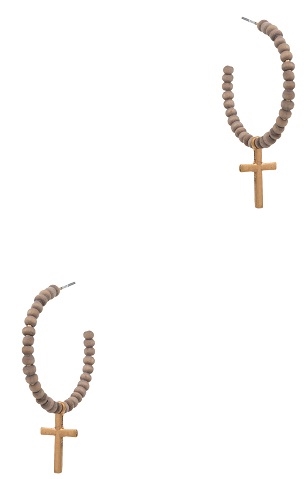 Wood Bead Cross Hoop Earrings